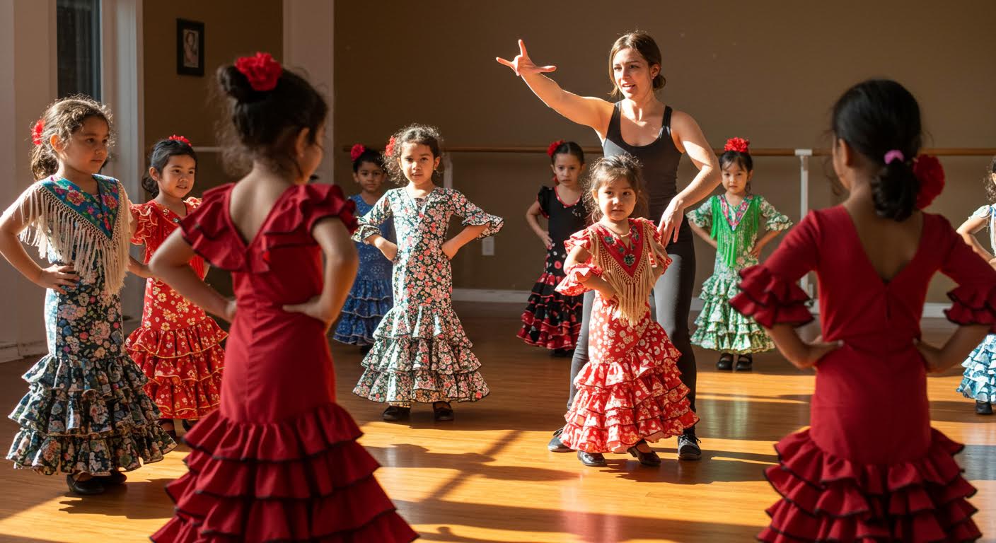 A group of four flamenco dancers in a studio: an adult (in red) stands behind three young girls dressed in red and black flamenco attire. One girl holds a red hand fan, another holds a yellow-and-white fan, and the third poses with her hands on her hips. They are in a ballet studio with a wooden barre and light-colored walls.